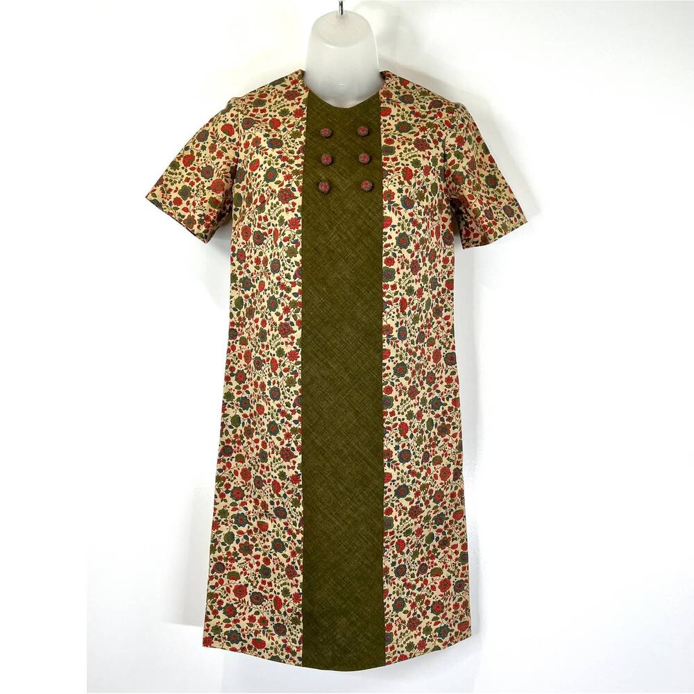 Vintage Handmade Dress Printed Floral Aline 60s Green Red